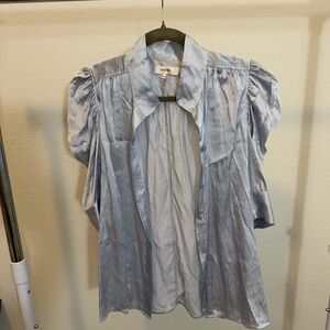 Frame Gillian Silk Light Blue Puff Sleeve Button-Up Top